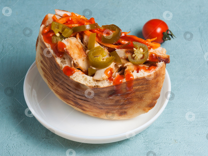 Скачать шаурма с курицей, овощами и халапеньо, политая кетчупом фотосток Ozero