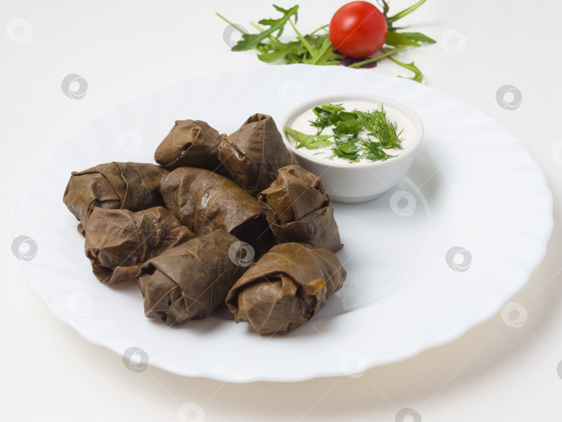 Скачать долма - мясной фарш в виноградных листьях с кифарно-чесночным соусом фотосток Ozero