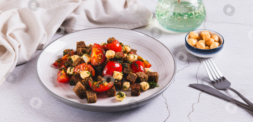 Скачать Салат из ржаного хлеба, помидоров черри и копченого сыра на тарелке на столе веб-баннер фотосток Ozero