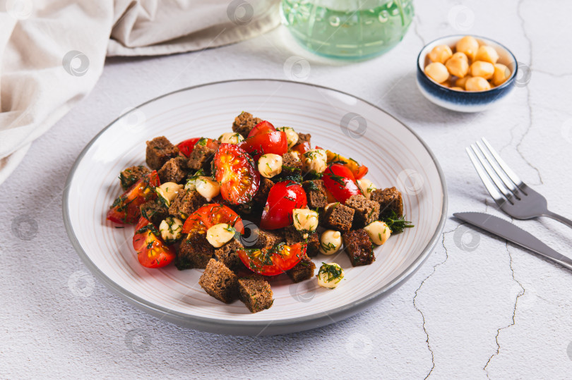 Скачать Подача на стол: смесь из помидоров, сыра и ржаных гренок на тарелке фотосток Ozero