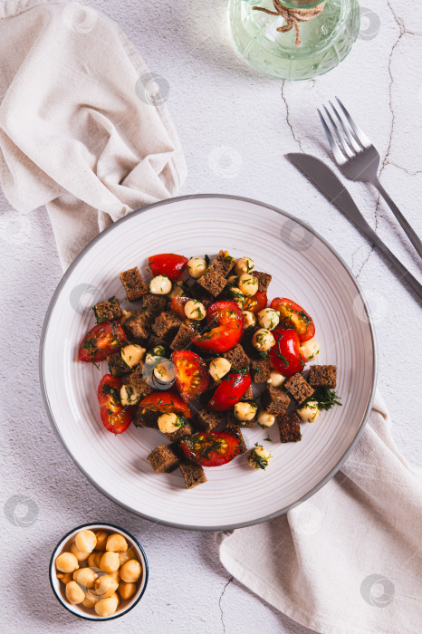 Скачать Смесь из помидоров, сыра и ржаных гренок выложите на тарелку, расположенную на столешнице вертикально фотосток Ozero