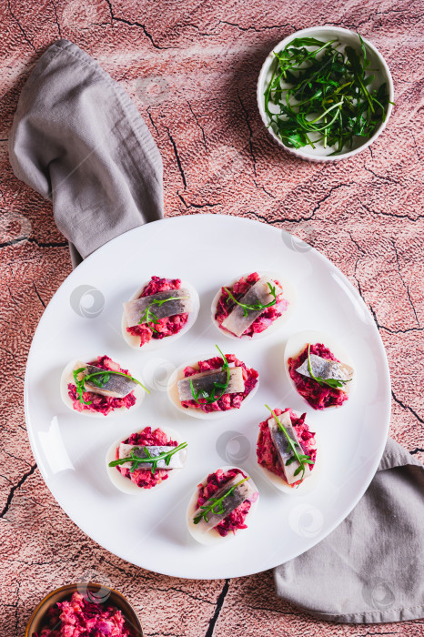 Скачать Яйца, запеченные с овощным салатом, кусочком сельди и рукколой, выложенные на тарелку в вертикальном положении фотосток Ozero