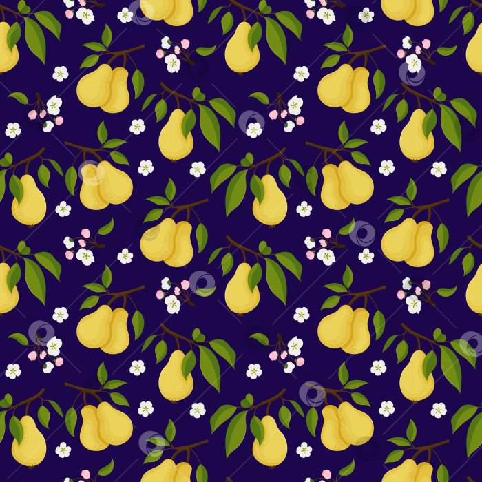 Скачать Бесшовный декоративный узор с желтыми грушами, листьями и цветами на темном фоне. фотосток Ozero