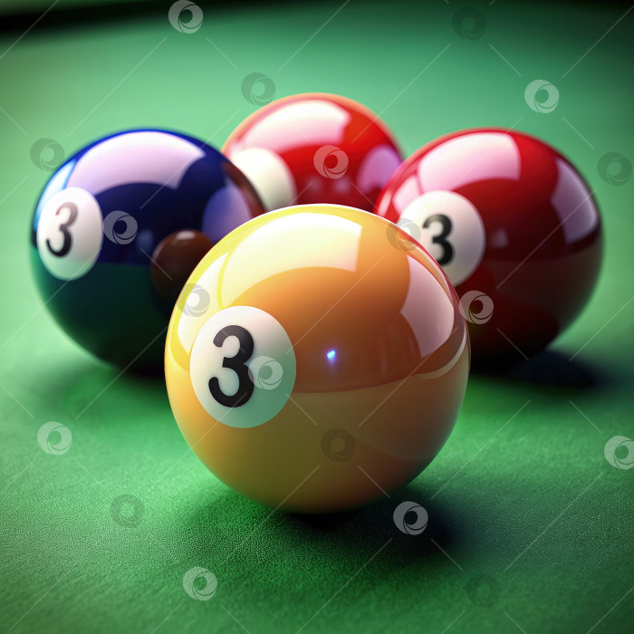 Скачать Яркие сферы: Бильярдные шары на зеленом войлоке, готовые к действию. Генеративный искусственный интеллект фотосток Ozero