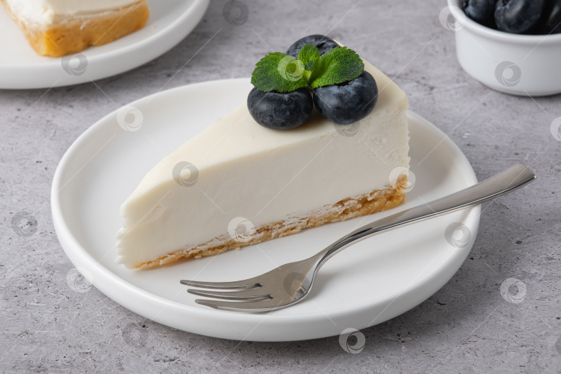 Скачать Вкусный ломтик чизкейка, посыпанный свежей черникой и выложенный на белую тарелку на сером столе фотосток Ozero