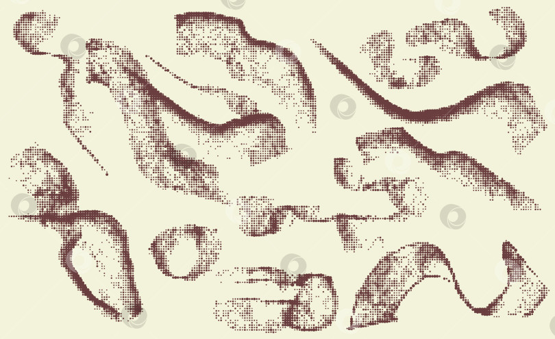 Скачать Набор штрихов и пятен для полутоновых кистей, отдельные точечные элементы кисти на фоне. Цифровой монохромный мазок. Изогнутые и скрученные ленты из точек. Вектор фотосток Ozero