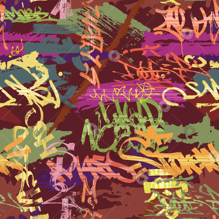 Скачать Бесшовный фон в стиле граффити в стиле гранж. Узор в стиле стрит-арт с надписями и тегами на стенах. Текстура городского рисунка, нарисованного вручную аэрозольной краской. Дизайн футболки для подростков в разноцветных ярких цветах. Векторные обои фотосток Ozero