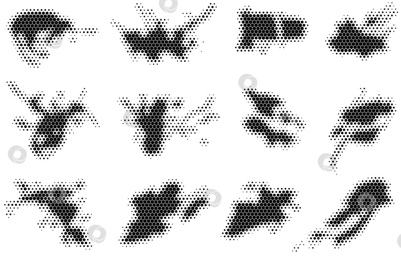 Скачать Цифровые точки в форме шестиугольника. Набор заставок-баннеров. Полутоновые мазки кистью. Черные пиксельные элементы дизайна в стиле поп-арт. Векторный фон фотосток Ozero