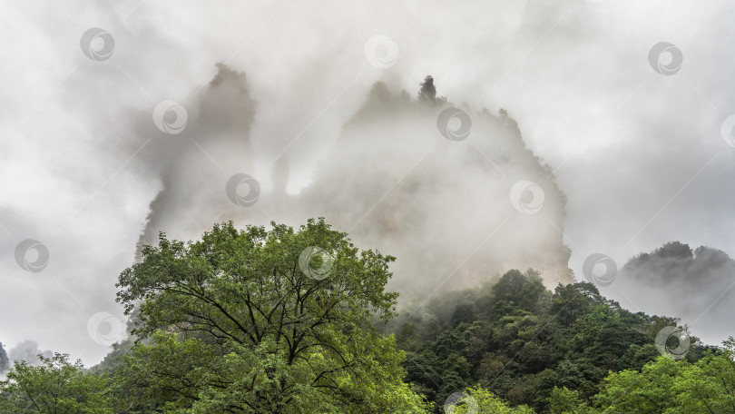 Скачать Мистический туманный пейзаж. Гора причудливых очертаний окутана облаками и туманом. фотосток Ozero