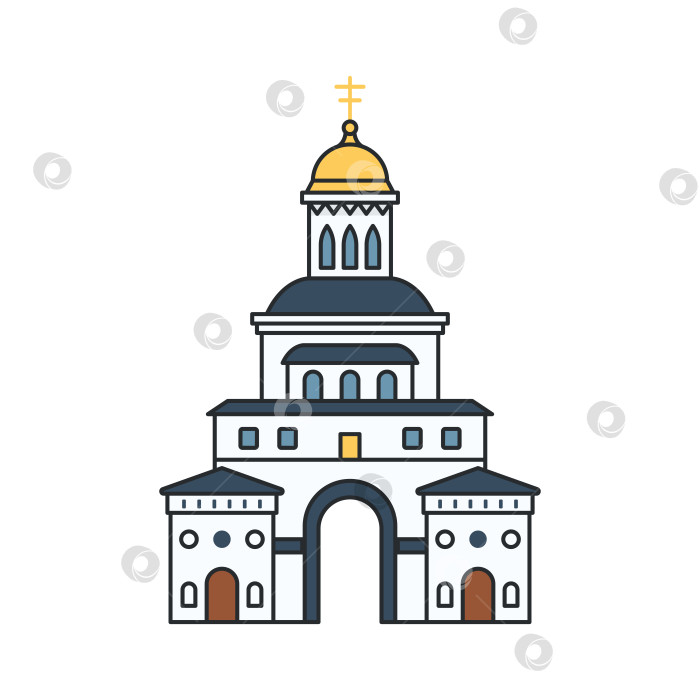 Скачать Исторические ворота собора с золотым куполом выделяются на белом фоне. Достопримечательность православной религиозной архитектуры. фотосток Ozero