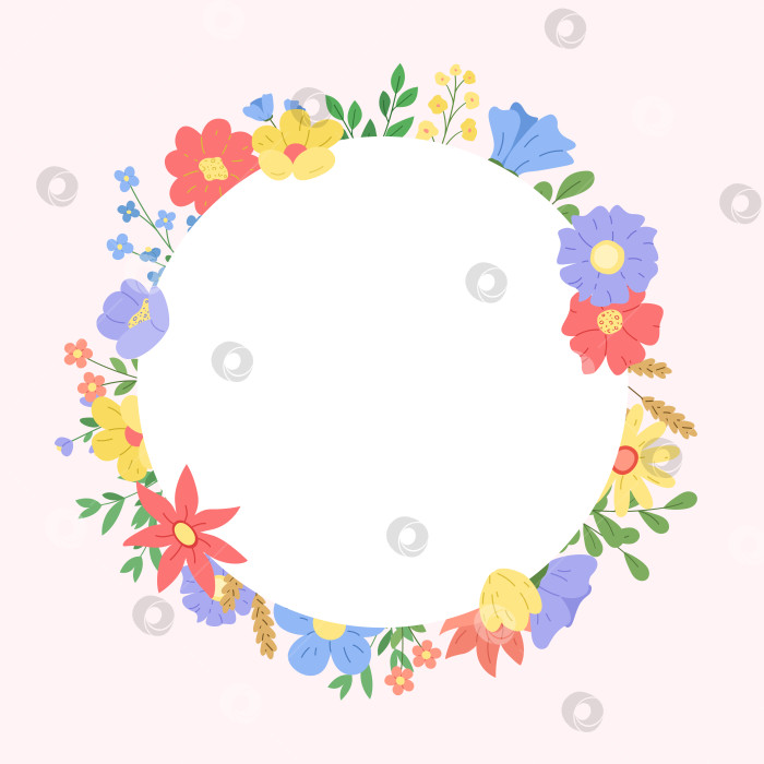 Скачать Круглая цветочная рамка для баннера или поздравительная открытка. Векторный шаблон баннера с садовыми и полевыми цветами и листовыми ветвями. фотосток Ozero
