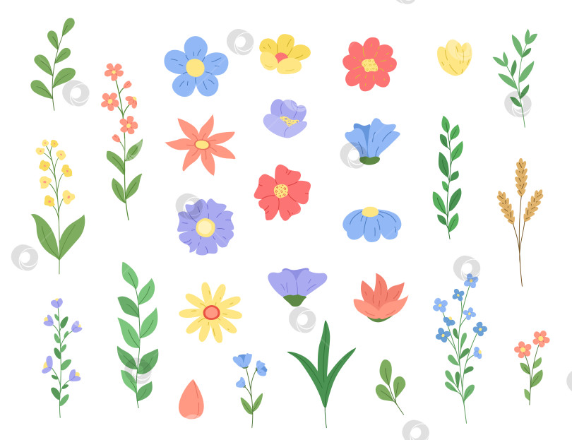Скачать Красивый растительный мир, садовые и полевые цветы и ветки с листьями. Векторная иллюстрация в плоском стиле. фотосток Ozero