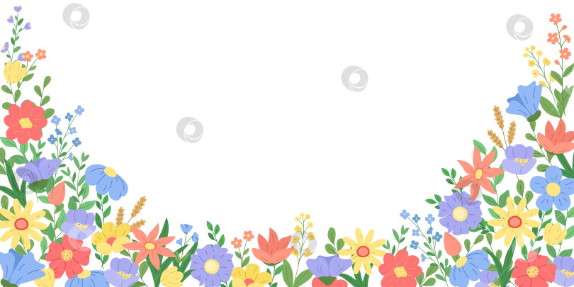 Скачать Рамка для цветочного баннера или поздравительной открытки. Векторный шаблон баннера с садовыми и полевыми цветами и листовыми ветвями. фотосток Ozero