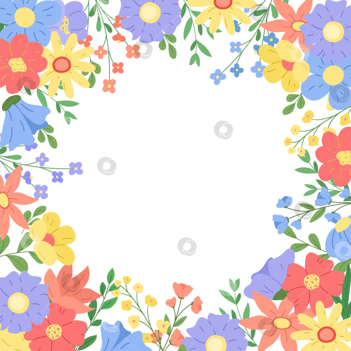 Скачать Рамка для цветочного баннера или поздравительной открытки. Векторный шаблон баннера с садовыми и полевыми цветами и листовыми ветвями. фотосток Ozero