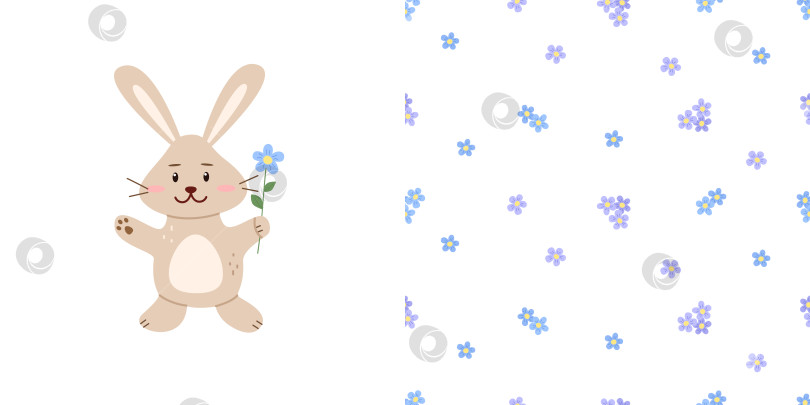 Скачать Милый мультяшный кролик, заяц с цветком. Анималистическая векторная иллюстрация. Бесшовный узор с нежными цветами незабудки. Весенний цветочный фон. фотосток Ozero