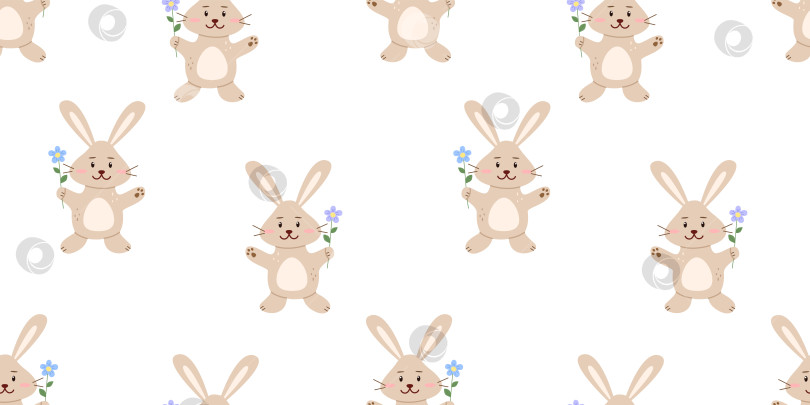 Скачать Бесшовный узор, милый мультяшный кролик, заяц. Анималистическая векторная иллюстрация пасхального кролика с цветами. Фон для детской комнаты, плаката и открытки. фотосток Ozero
