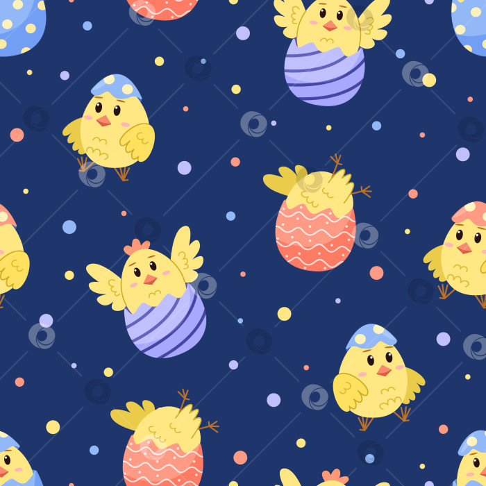Скачать Бесшовный узор с пасхальными цыплятами в скорлупе. Яркий детский фон с милыми цыплятами. Обои с векторной иллюстрацией. фотосток Ozero