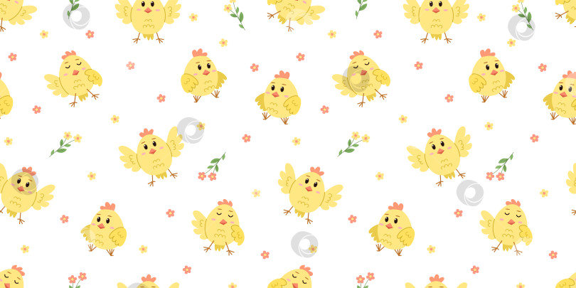 Скачать Бесшовный узор из забавных мультяшных цыплят, цветов. Фон с векторной иллюстрацией, обои для детской комнаты, детская одежда, плакат и открытка. фотосток Ozero