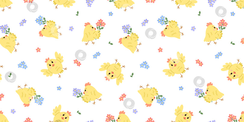 Скачать Бесшовный узор из забавных мультяшных цыплят, цветов. Фон с векторной иллюстрацией, обои для детской комнаты, детская одежда, плакат и открытка. фотосток Ozero