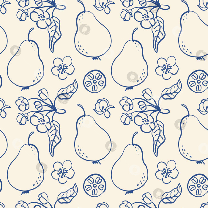 Скачать Нарисованные от руки груши и цветы синими чернилами на кремовом фоне фотосток Ozero