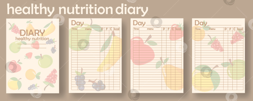 Скачать Пустой шаблон дневника, предназначенный для здорового питания. Он содержит разделы по дням, меню и отслеживание калорий для планирования приема пищи фотосток Ozero