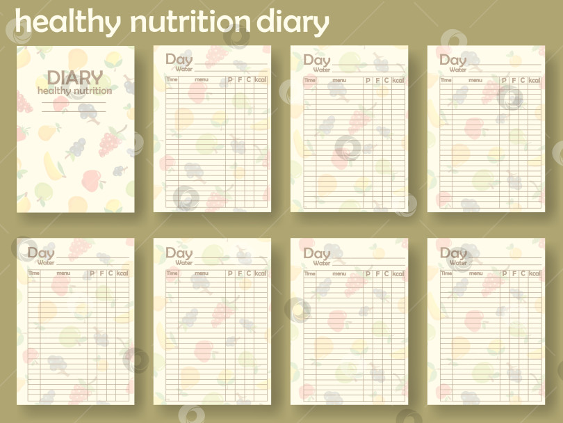 Скачать Макет дневника здорового питания содержит пустые страницы для отслеживания ежедневного приема пищи и воды. На каждой странице есть разделы для заполнения подробной информации о продуктах питания. фотосток Ozero