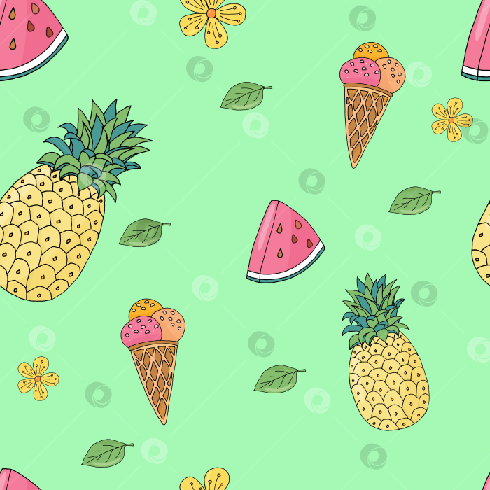 Скачать Паттерн летний бесшовный: фрукты и десерты (мороженое, ананас, арбуз, цветы, листик) фотосток Ozero