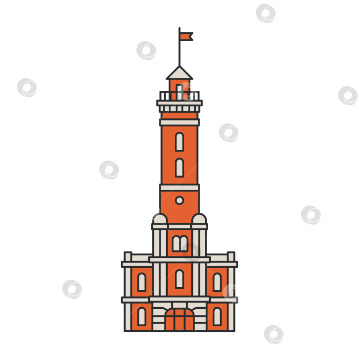 Скачать Историческая пожарная башня со смотровой площадкой и флагом на белом фоне. Архитектурная достопримечательность города. Иллюстрация. фотосток Ozero