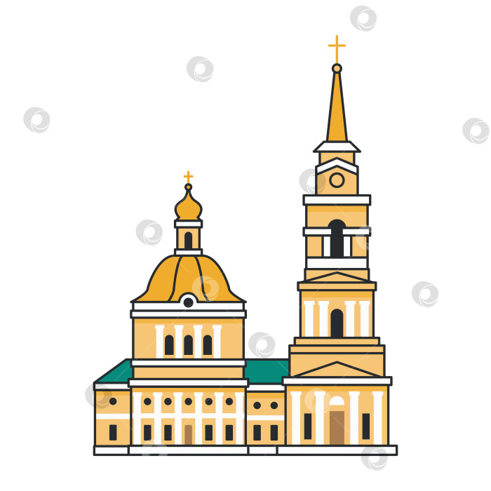 Скачать Классический собор с золотым куполом и высокой колокольней, выделяющийся на белом фоне. Историческая религиозная архитектура. Иллюстрация. фотосток Ozero