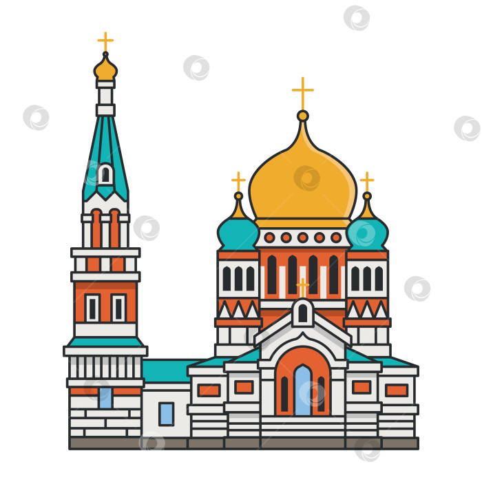 Скачать Православный собор с колокольней и разноцветными куполами, выделяющимися на белом фоне. Религиозная достопримечательность архитектуры. Иллюстрация. фотосток Ozero