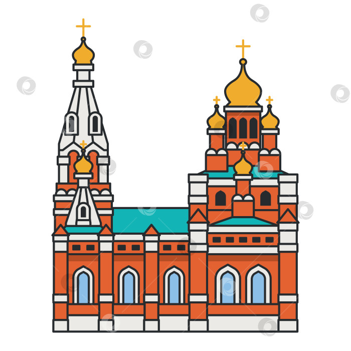 Скачать Православный собор с золотыми куполами и фасадом из красного кирпича на белом фоне. Историческая религиозная архитектура. Иллюстрация. фотосток Ozero