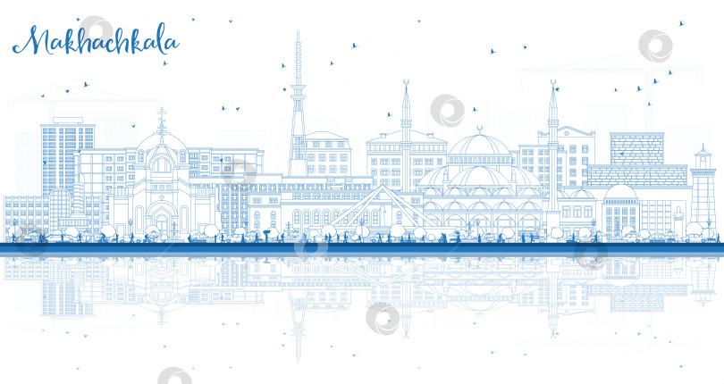 Скачать Очертите горизонт российского города Махачкала голубыми зданиями и отражениями. Иллюстрация. Городской пейзаж Махачкалы с достопримечательностями. Концепция путешествий и туризма с современной и исторической архитектурой. фотосток Ozero