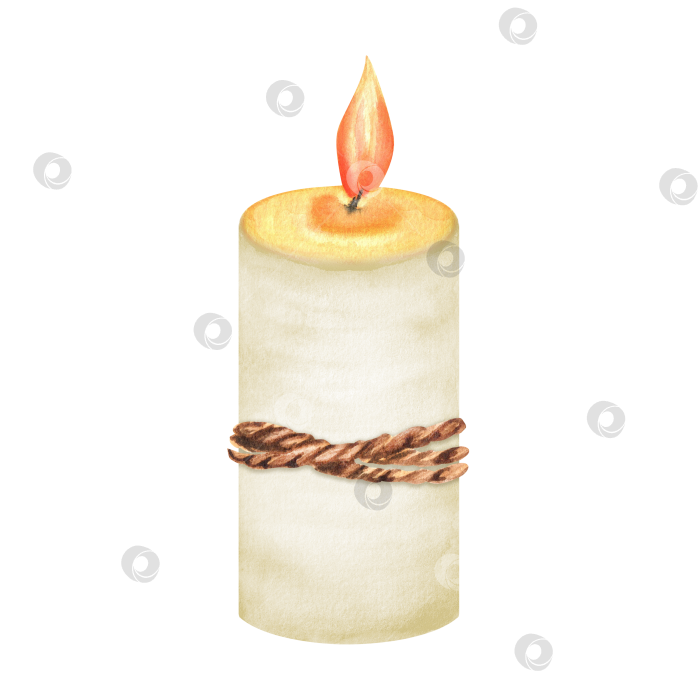 Скачать Большая белая зажженная свеча, перевязанная бечевкой. Пасхальный праздничный клипарт. Ручная работа акварелью фотосток Ozero