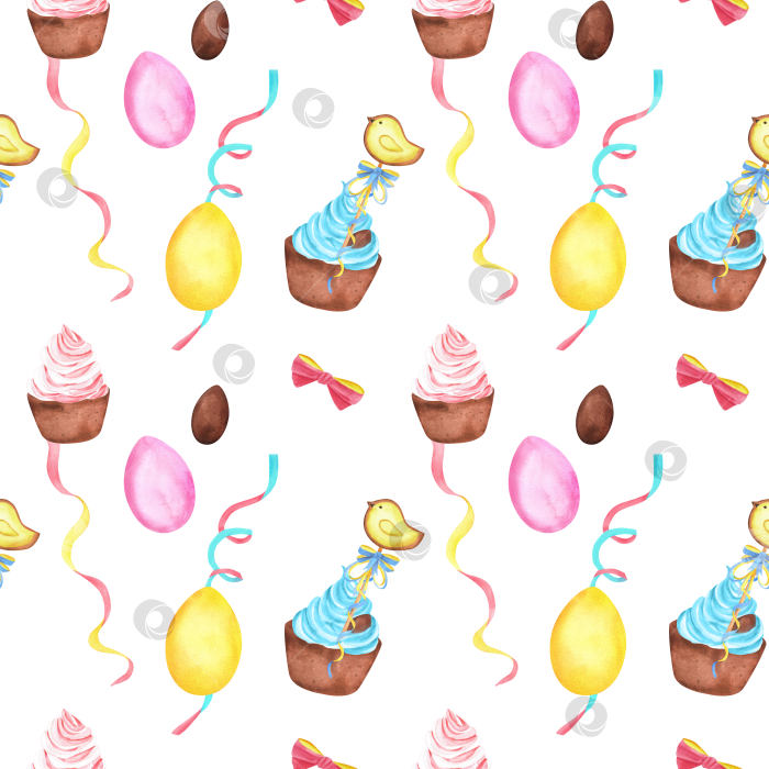 Скачать Акварельные кексы с розовым и бирюзовым кремом, желтыми, розовыми и шоколадными яйцами, завязанными бантами, лентами-серпантинами и печеньем с птичками в виде бесшовного узора. Клипарт с Пасхой. Рисованная иллюстрация фотосток Ozero
