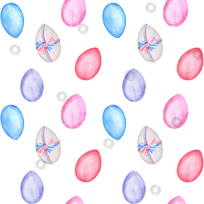 Скачать Бесшовный узор с белыми, синими, красными, розовыми, фиолетовыми и синими акварельными пасхальными яйцами. Клипарт с изображением счастливой Пасхи. Яркая весна. Рисованная иллюстрация для дизайна оберточной бумаги, скатертей и салфеток фотосток Ozero