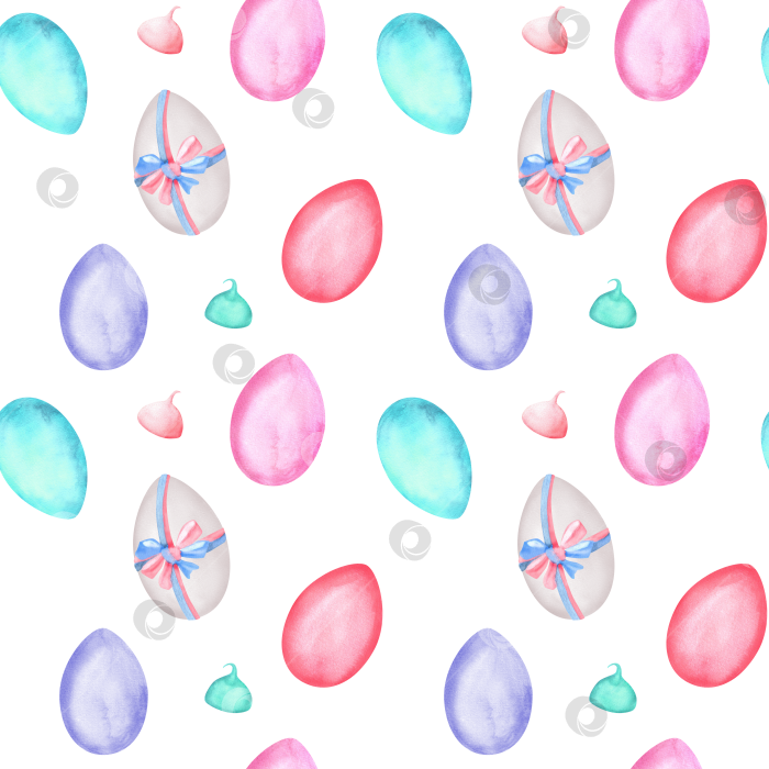 Скачать Бесшовный узор с белыми, бирюзовыми, красными, розовыми, фиолетовыми акварельными пасхальными яйцами и безе. Клипарт с изображением Счастливой Пасхи. Рисованная иллюстрация для оформления оберточной бумаги, скатертей и салфеток фотосток Ozero