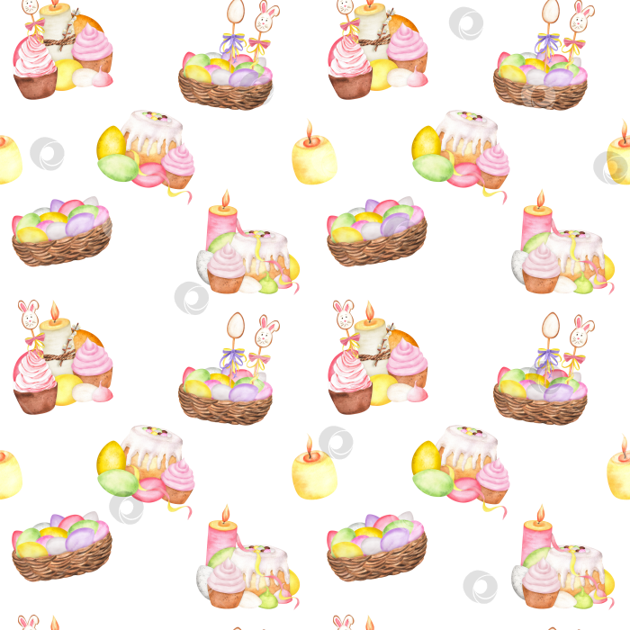 Скачать Бесшовный узор с акварельной корзинкой для яиц, тортом с глазурью, пасхальным кроликом и кексами. Розовая свеча. Клипарт с изображением Счастливой Пасхи. Рисованная иллюстрация для оберточной бумаги, скатертей, салфеток, бегунков фотосток Ozero