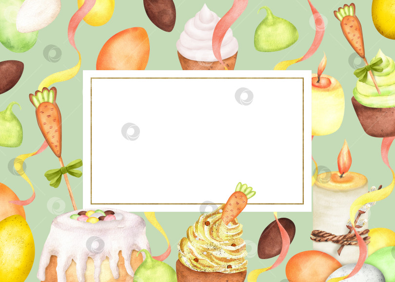 Скачать Пасхальные кексы, морковное печенье, торты, шоколадные яйца, украшение в виде серпантина, зажженные свечи, веточки ивы. Клипарт. Рисованная акварельная иллюстрация для оформления поздравительных открыток на пасхальную тематику фотосток Ozero