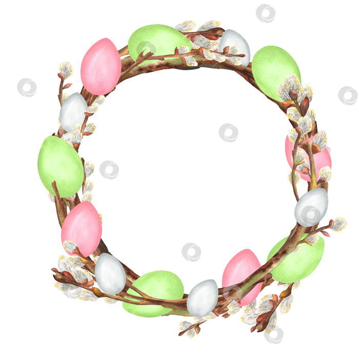 Скачать Пасхальный венок из вербы с белыми, розовыми и зелеными яйцами. Праздничный клипарт. Ручная работа акварелью фотосток Ozero