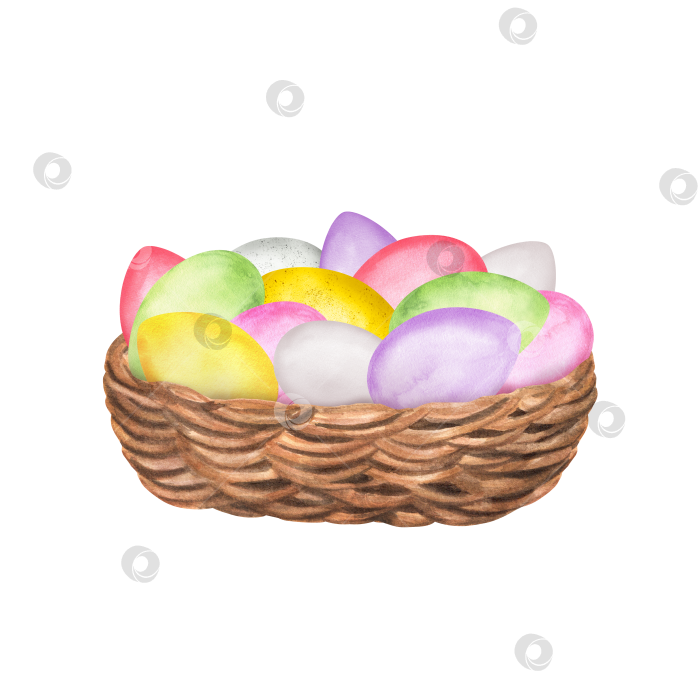 Скачать Желтые, фиолетовые, зеленые, розовые и белые акварельные пасхальные яйца в плетеной корзине. Кулинарный клипарт с пожеланиями Счастливой Пасхи. Красочное оформление. Рисованные иллюстрации для поздравительных открыток, наклеек, приглашений фотосток Ozero