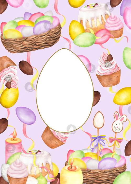 Скачать Акварельные пасхальные яйца, кексы, печенье с кроликами и украшение в виде серпантина. Шоколадные яйца. Праздничный клипарт. Рисованная акварельная иллюстрация для оформления открыток на пасхальную тематику, поздравительных открыток фотосток Ozero