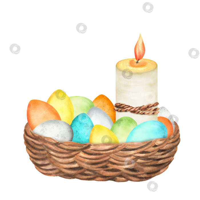 Скачать Плетеная корзина с желтыми, синими, зелеными яйцами. Белая свеча. Пасхальный клипарт. Ручная работа акварелью фотосток Ozero