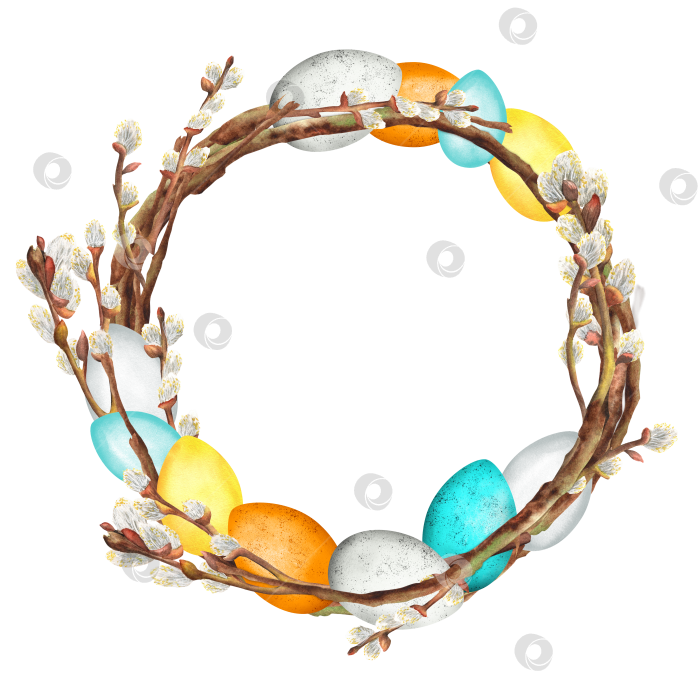 Скачать Пасхальный венок из вербы с белыми, голубыми, желтыми, оранжевыми яйцами. Клипарт. Ручная роспись акварелью фотосток Ozero