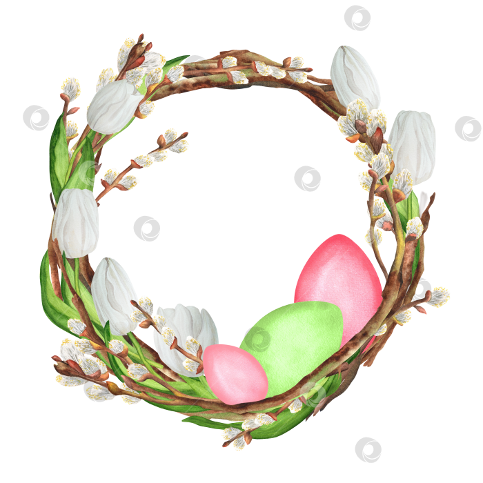 Скачать Пасхальный венок с тюльпанами, вербой, белыми, розовыми, зелеными яйцами. Клипарт. Ручная роспись акварелью фотосток Ozero
