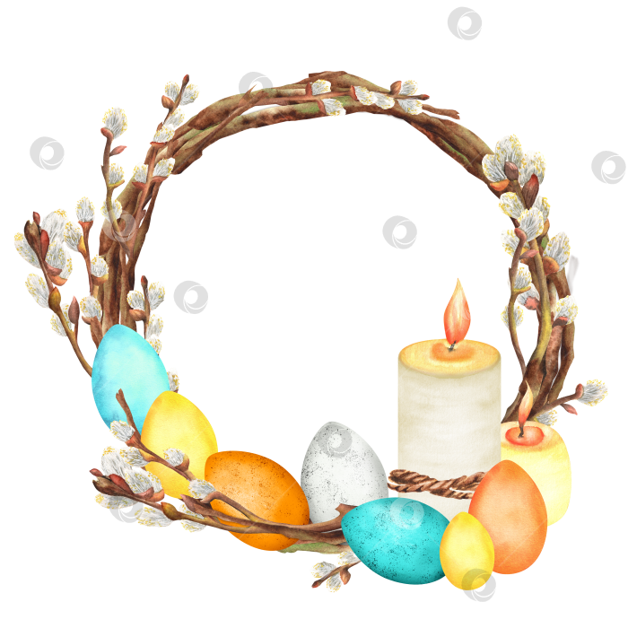 Скачать Пасхальный венок из вербы с белыми, голубыми, желтыми, оранжевыми яйцами и свечой. Ручная роспись акварелью фотосток Ozero