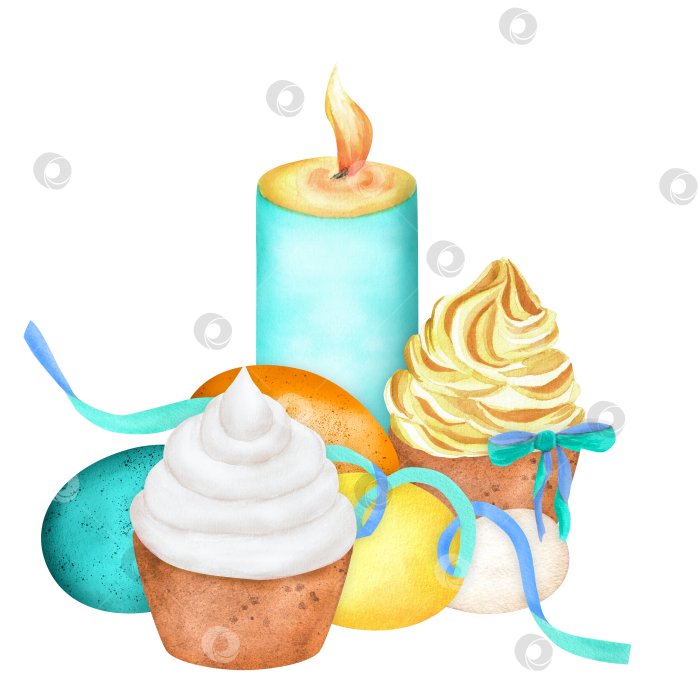 Скачать Большая бирюзовая свеча, кексы с желтым и белым кремом, желтые, синие и оранжевые яйца, украшение в виде серпантина. Клипарт с Пасхой. Акварельная иллюстрация ручной работы для поздравительных открыток, наклеек фотосток Ozero