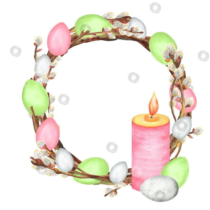 Скачать Пасхальный венок из вербы с белыми, розовыми и зелеными яйцами. Розовая свеча. Клипарт. Ручная роспись акварелью фотосток Ozero