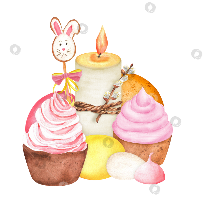 Скачать Пасхальные кексы с розовым кремом, белой зажженной свечой, желтыми, оранжевыми и красными яйцами, розовыми меренгами, печеньем с пасхальными кроликами. Пасхальный клипарт с изображением счастливого Пасхи. Ручная акварельная иллюстрация для праздничного оформления фотосток Ozero