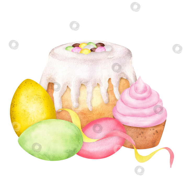 Скачать Пасхальный кулич с сахарной глазурью, кекс с розовым кремом, желтые, зеленые, розовые яйца, украшение в виде серпантина. Клипарт с днем Пасхи. Рисованная акварельная иллюстрация для праздничных поздравительных открыток, наклеек фотосток Ozero