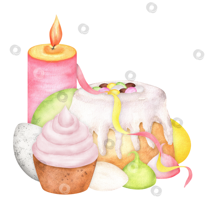 Скачать Большая розовая свеча, пасхальный кулич с сахарной глазурью, кекс с розовым кремом, желтые, зеленые, белые яйца, серпантин, розовые и зеленые меренги. Клипарт с изображением счастливой Пасхи. Ручная акварельная иллюстрация фотосток Ozero